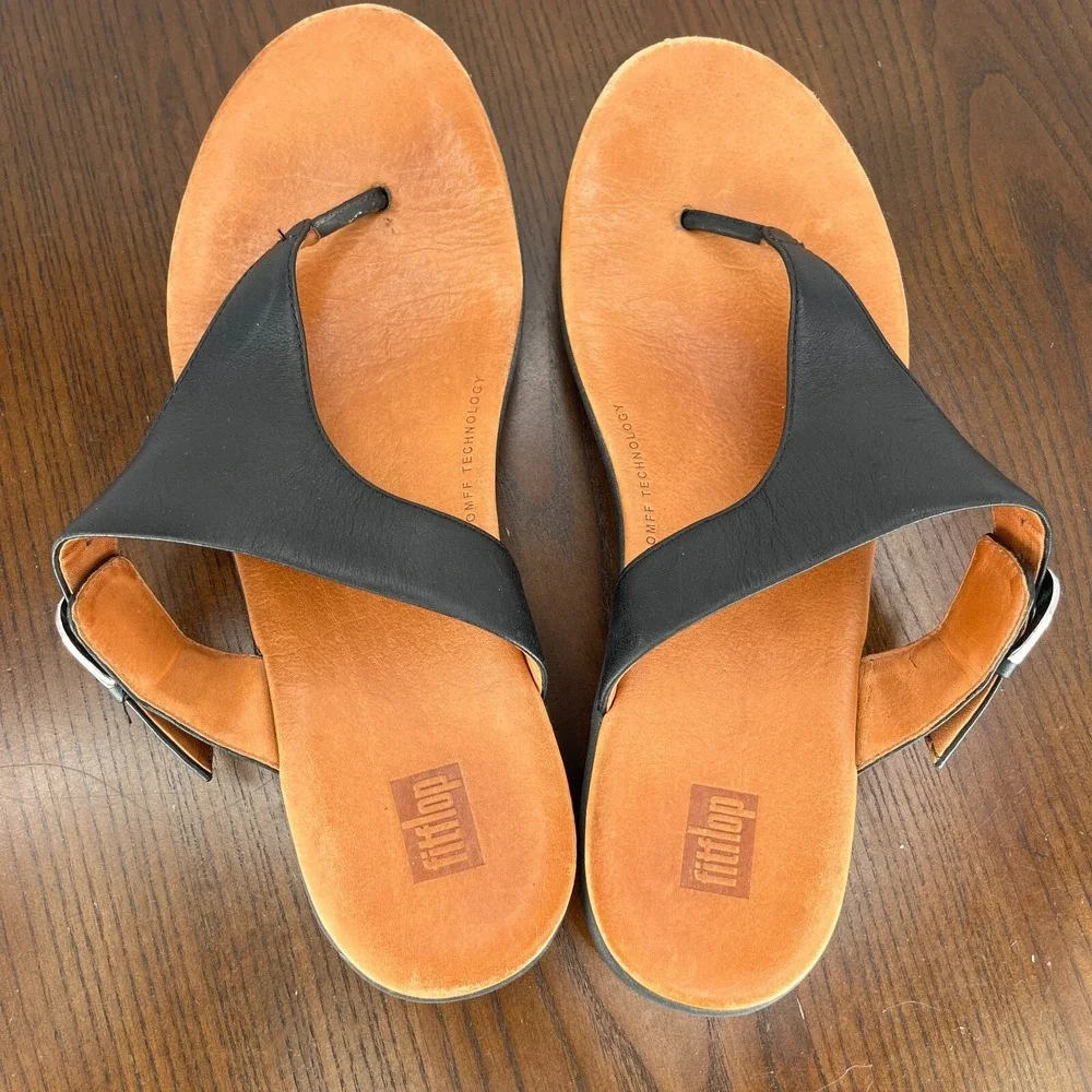 Fitflop Banda Sandal Women's 9 Black Leather Comfort Thong Flip Flop M20-001‎